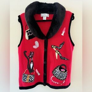 Lisa International Red Holiday Vest with Black Faux Removable Fur Collar